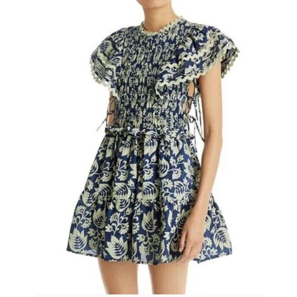 Sea New York Linda Dress Blue Green Side Cut Outs Ric Rac Flounce Smocked Mini S